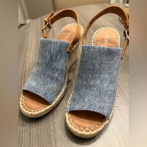 TOMS Denim Wedge Sandals with Tan Accents
